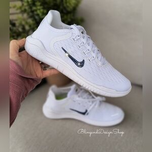 Women's Nike Free RN 2018 White Sneakers Customized with Crystal Rhinestones